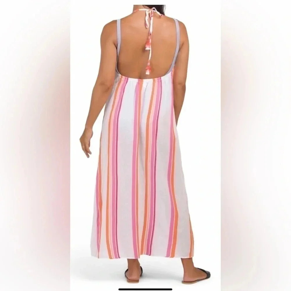 TRINA TURK Striped Plunge Halter Cover- up Dress Color : Multi Size M - Picture 2 of 3